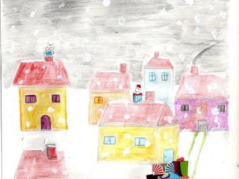 Mascotte et le Père Noël mettent les jouets dans les cheminées